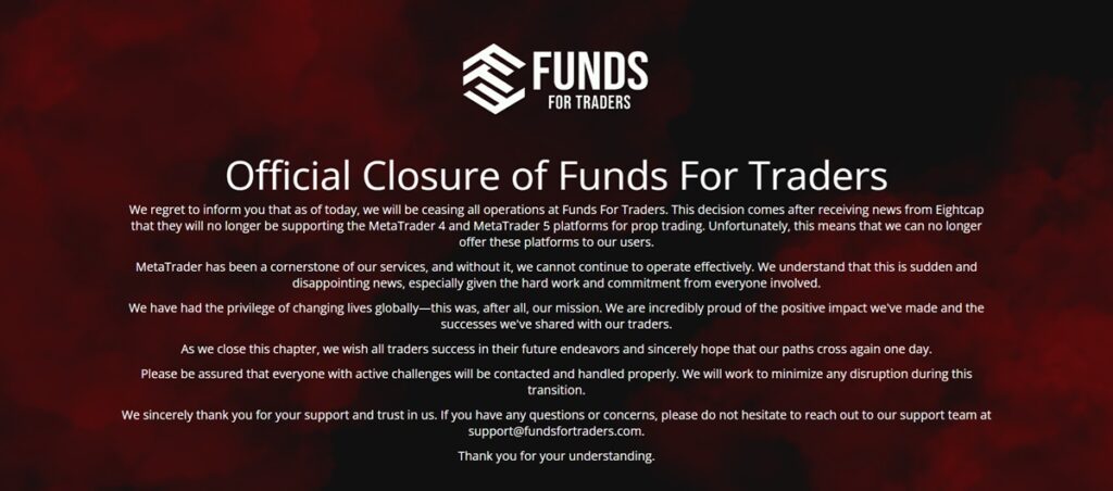 Exclusive: Funds for Traders shuts after Eightcap cuts MT4/MT5 for prop firms