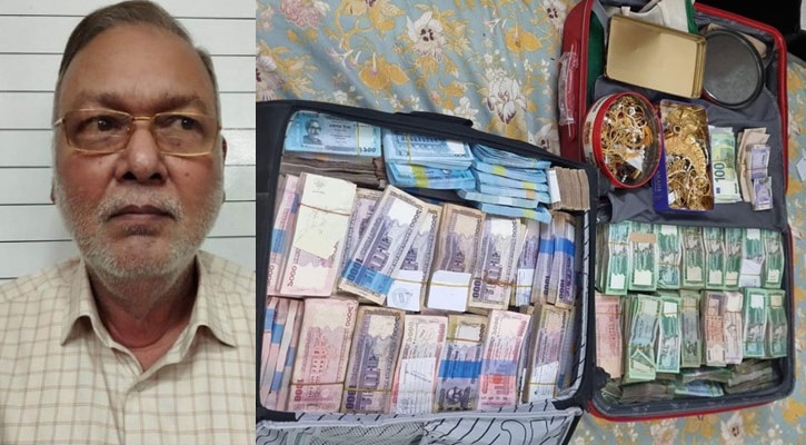 Md Abdus Shahid (left) and cash taka, 85 bhories of gold ornaments, foreign currencies found at his residence