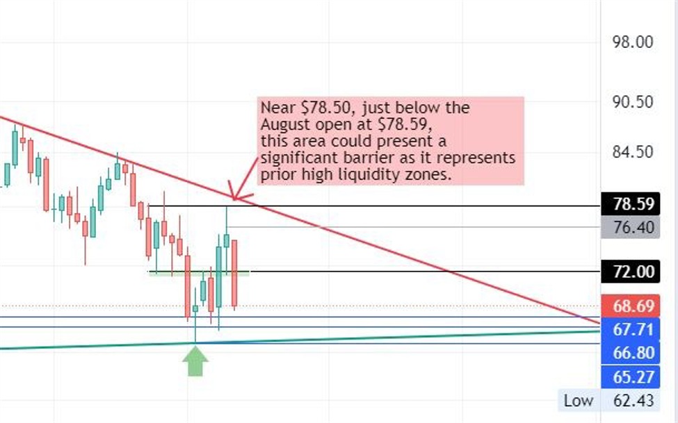 Crude oil futures forecast - weekly chart. Bears eyeing $67.75 next